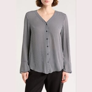 T Tahari Classic Navy & White Stripe V-Neck Blouse XS